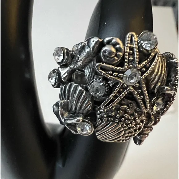 Seashell Beach Motif Silver Tone with rhinestones Ring sz 7 - Picture 11 of 12